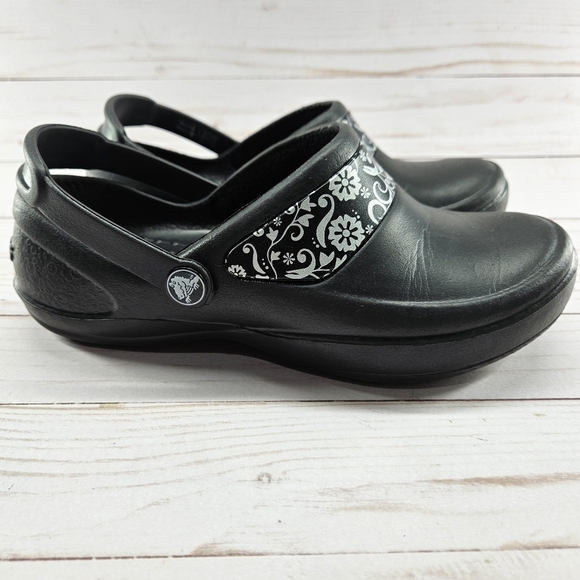 Crocs Mercy Slip Resistant‎ Work Clogs Womens Size 5 Black Silver Floral 10876 - Picture 8 of 12